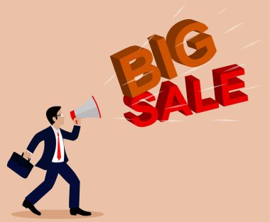 Elinde megafon olan bir işadamı. Büyük Satış Metni ile Duyuru. Ticari Tanıtım Afişi. Açık kahverengi bir arka plan üzerinde. Karikatür. Vektör çizimleri