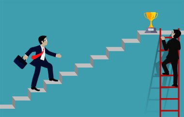 merdivenlerde yürüyen işadamı hedefe gidin. hedef, fikir ile başarı kavramına zafer. liderlik kavramı. Başarı işine merdiven. Karikatür vektör illüstrasyon