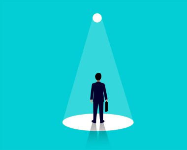 İşadamları ışıkta duruyor, el feneri parlıyor. Mükemmel beceri ve yetenek ile personel fikirleri işe. Lider -lik. vektör illüstrasyon.