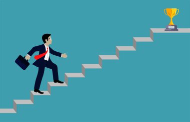 İşadamları kaleye doğru merdivenlerden çıkıyorlar. Başarı ya da iş yolunda ilerleme merdiveni yukarı adım. En yüksek organizasyondan. İş Finansmanı Kavramları. Vektör çizimleri