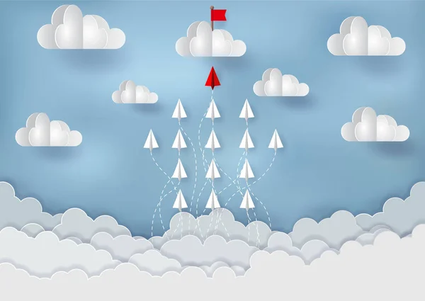 Kağıt uçaklar hedeflere yarışıyor Gökyüzüne doğru bulutta kırmızı bayrak var — Stok Vektör
