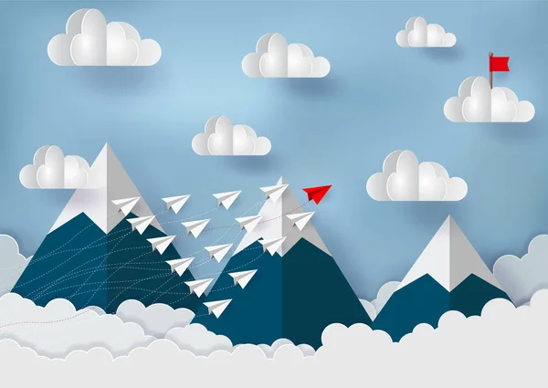Avión de papel está compitiendo con el destino a través de las montañas al cielo — Vector de stock