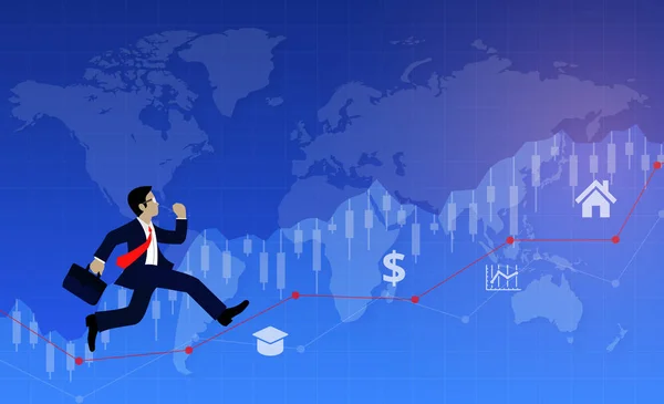 Geschäftsleute rennen auf Diagrammlinie zum Ziel, um Erfolg zu erzielen. — Stockvektor