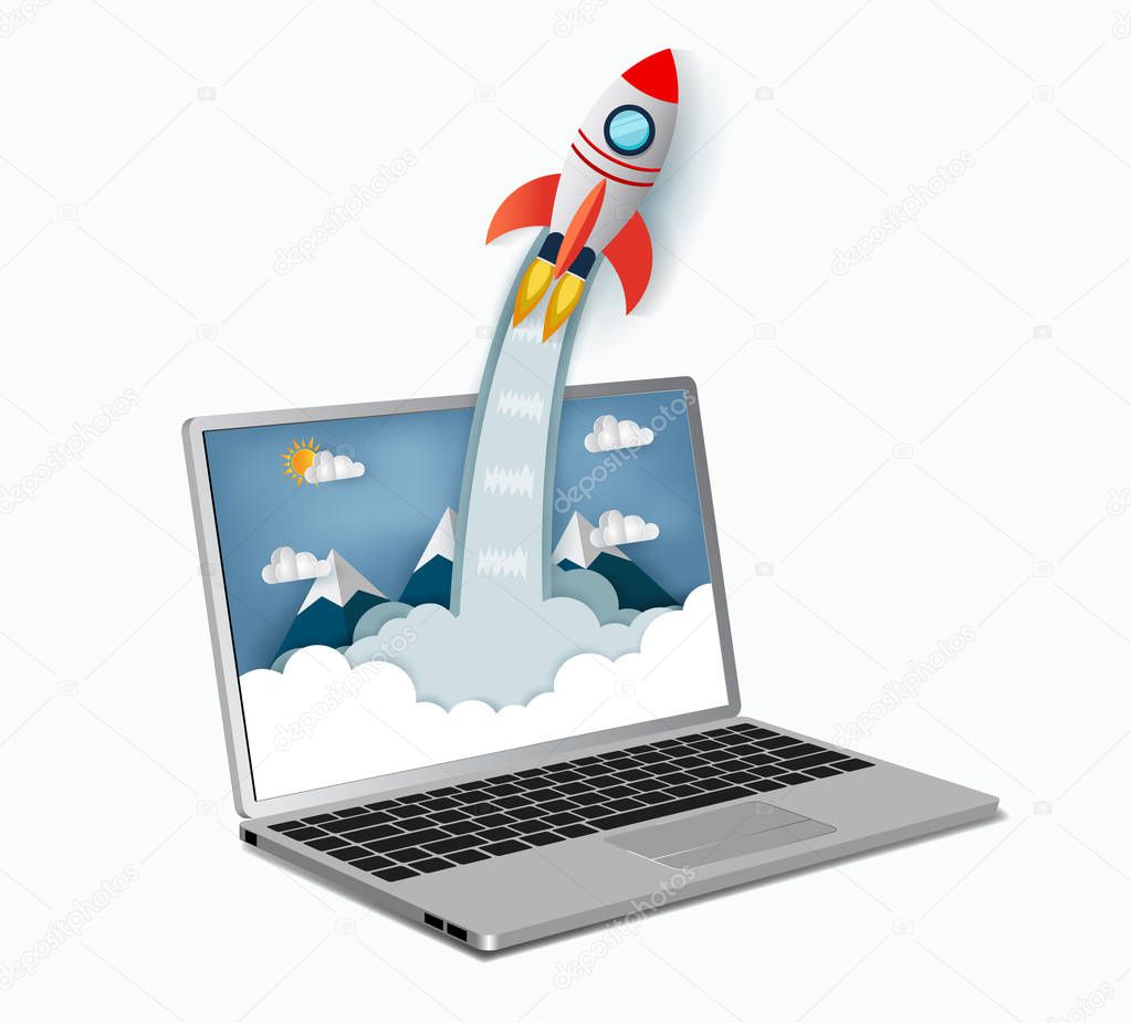 space shuttle launch outside notebook screen. Concept of business start-up. vector art and illustration paper