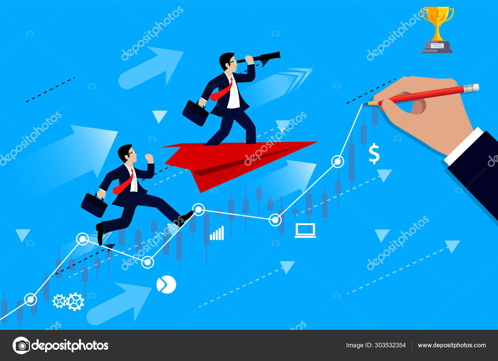 Businessmen competition. on chart graph line to goal to achieve success ...