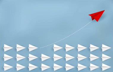 Kırmızı kağıt düzlem beyazdan yön değiştiriyor. Yeni fikirler. Farklı iş kavramları. Riske girecek cesaret. Lider -lik. Vektör çizimleri