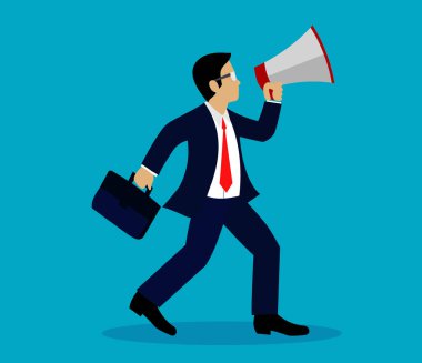 İşadamı megafonla iletişim kuruyor. hoparlörden bağırıyor. Lider -lik. Konsept iş finansmanı. illüstrasyon vektörü