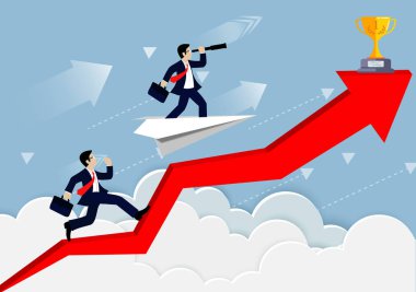 Bir ok kırmızı üzerinde işadamı rekabet. gökyüzüne kadar. 