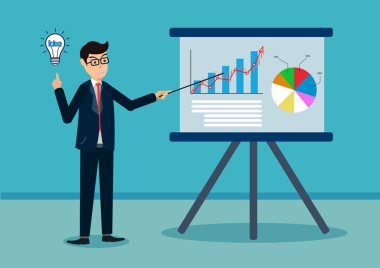 İşadamları ofis grafik panosunda bir rapor bilgi grafikleri savuruyorlar. Vektör çizimi