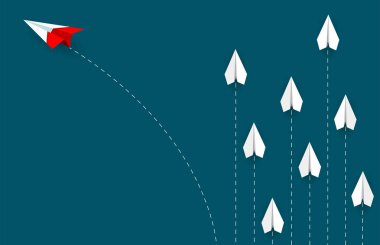 Kırmızı kağıt uçak beyazdan yön değiştiriyor. yeni bir fikir. 