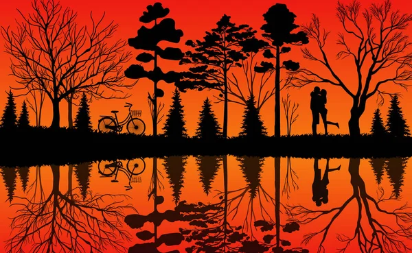 A férfiak és nők az erdő közepén állnak, kerékpárjaik a fák alatt parkolnak — Stock Vector