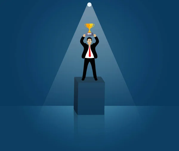 Businessmen standing holding trophies in the light. flashlight shining down — Stock Vector