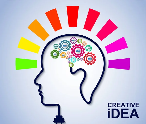 Icono colorido cabeza humana creatividad idea cerebro engranaje . — Archivo Imágenes Vectoriales