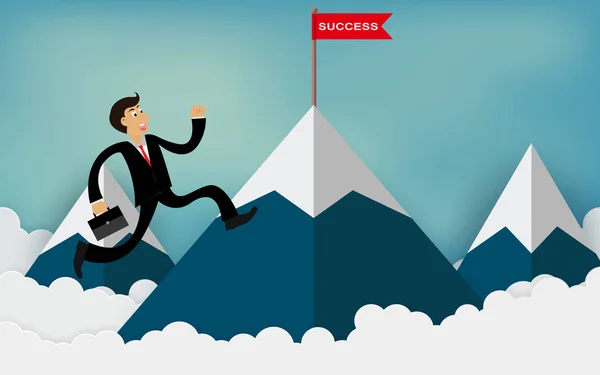 Een zakenman rennen naar de berg Ga naar rode vlag met succesbericht — Stockvector