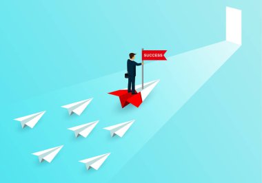 işadamları kağıt uçak üzerinde bayrak yakalamak standı kırmızı beyaz kağıt uçak ile rekabet.