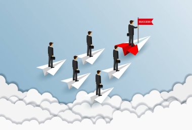 işadamları kağıt uçakta kırmızı ve beyaz durun. 