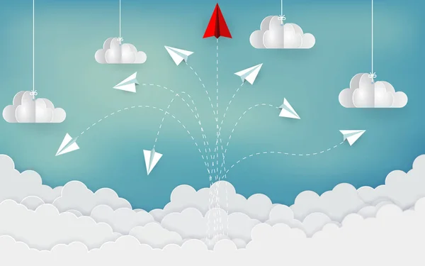 Papier samolot czerwony i biały konkurujących przejść do celu do nieba między chmurą. — Wektor stockowy