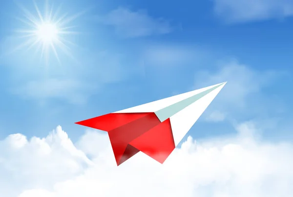 Красный бумажный самолет, взлетающий в небо. красивый природный пейзаж — стоковый вектор