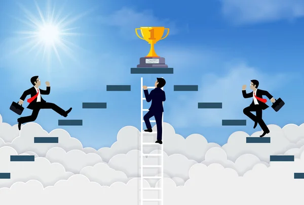 Three businessmen climb the ladder to the goal on the trophy on sky. — Stock Vector