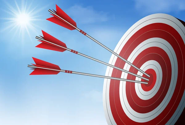Rojo tres flechas dardos en el círculo de destino. objetivo de éxito empresarial . — Archivo Imágenes Vectoriales