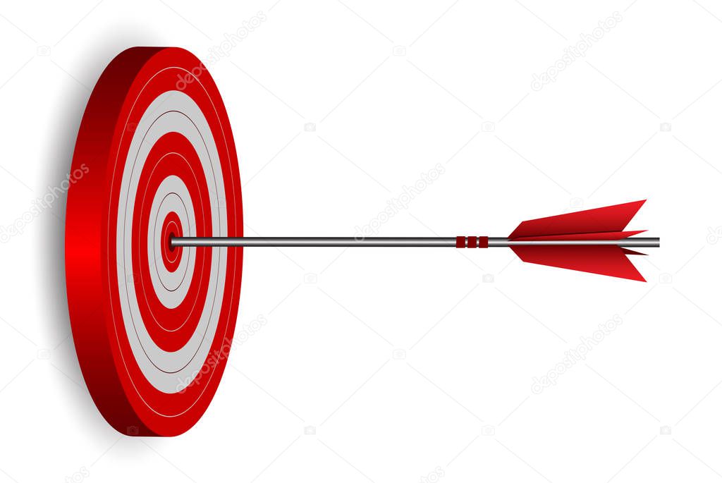 red one arrows darts in target circle. business success goal. on background white. creative idea. leadership. cartoon vector illustration
