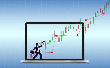 İş başarısı kavramı. Finansal tabloya bakan dürbün tutan işadamı