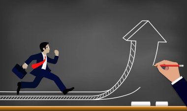 İşadamı hedefe yön değiştiren okla koşar. Çizim 