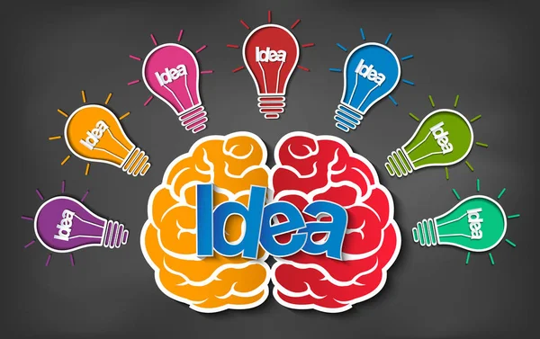 Gehirn-Ikone Kopf mit mehreren Glühbirnen Funken viele Farb-Idee im Geschäft — Stockvektor