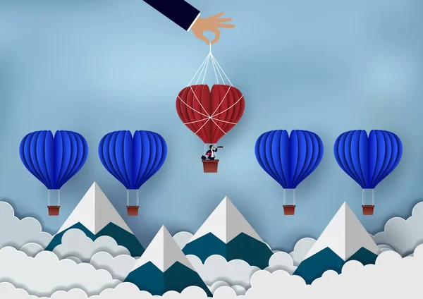 Concepto de competencia empresarial. El grupo de globos de aire caliente rojo y azul hasta el cielo — Vector de stock