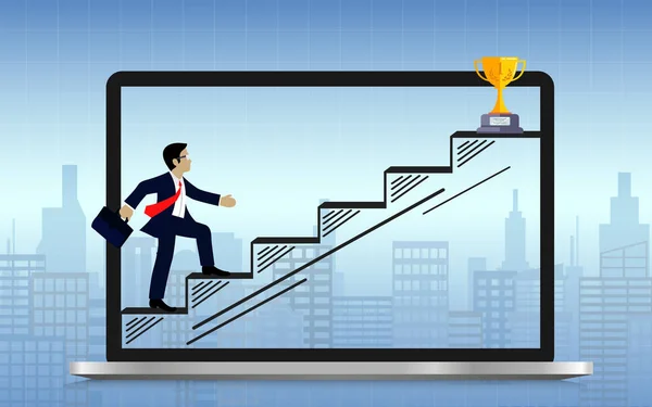 Los hombres de negocios suben las escaleras hasta la meta. En la pantalla del ordenador — Vector de stock