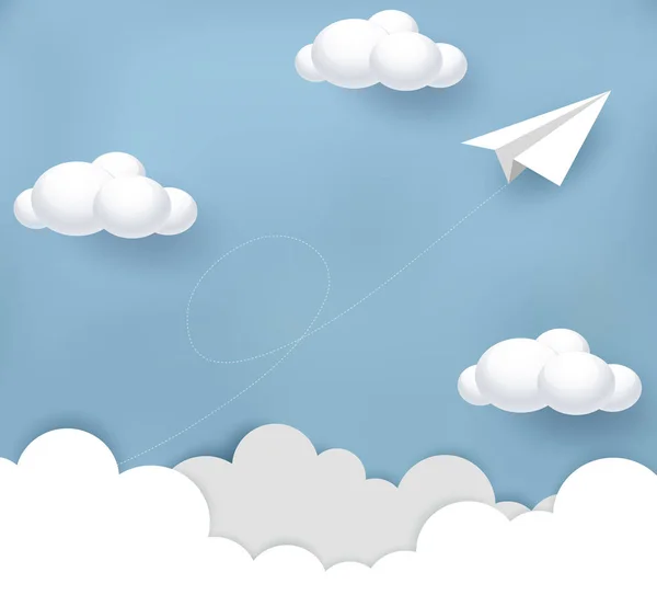 Begreppet affärsframgång, Paper plan vit flyger på himlen mellan moln — Stock vektor