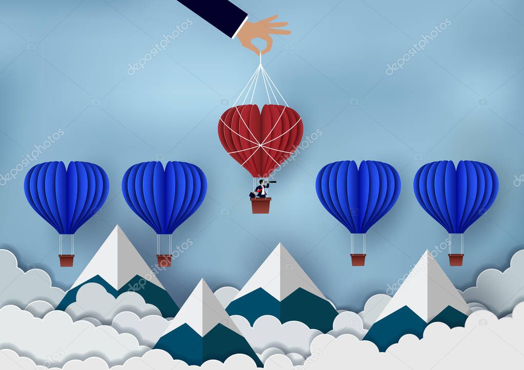 Business competition concept. The red hot air balloon group and blue up to the sky