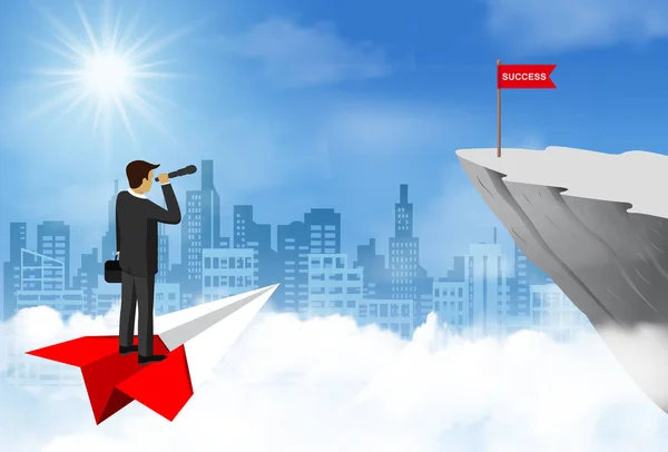 Businessman standing holding binocular on paper airplane go to flag red on cliff obstacle