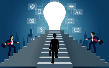 Businessmen walk up the stair to the door light bulb vector Businessmen walk up the stair to the door light bulb vector