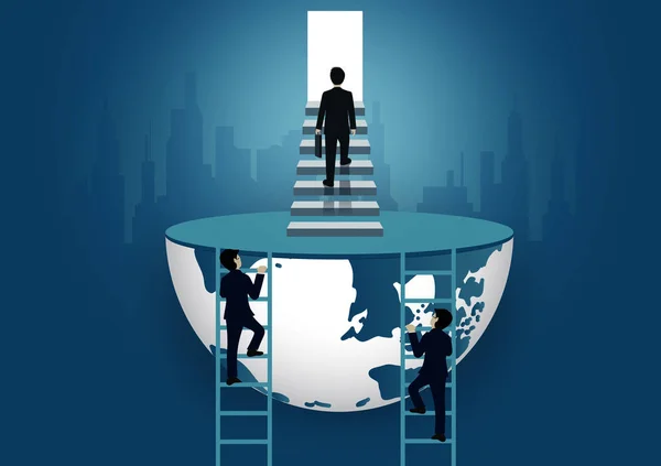 Des hommes d'affaires montent l'escalier jusqu'à la porte. monter l'échelle vers l'objectif de réussite dans la vie et le progrès dans le travail — Image vectorielle
