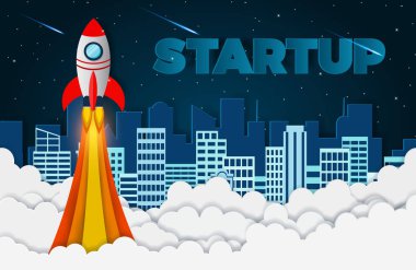 uzay mekiği gökyüzüne fırlatma. Gece yıldız dolu arka da şehir ile