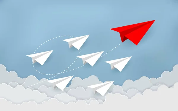 Avión de papel son la competencia a destino hasta el cielo ir a la meta de éxito — Vector de stock