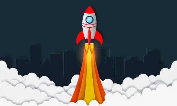 Space shuttle the launch to the sky. Full of star at night With the city in the back — Stock Vector