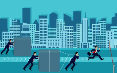 İşadamı rekabet engel itmek ve hedefe bitiş çizgisine gitmek koşmak