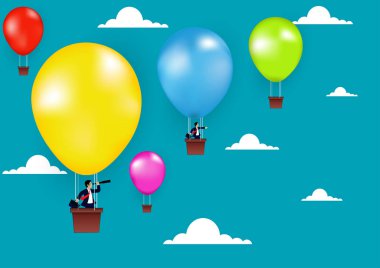 Balon üzerinde duran işadamı gökyüzünde renkli. iş başarı hedefi gidin. yaratıcı bir fikir. Lider -lik. illüstrasyon vektörü