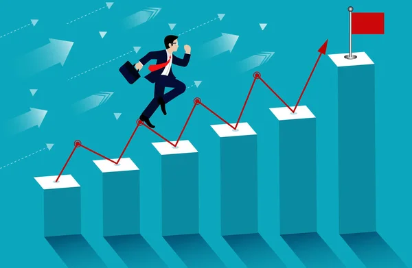 Affärsmän köra på upp stapeldiagrammet till målet destination — Stock vektor