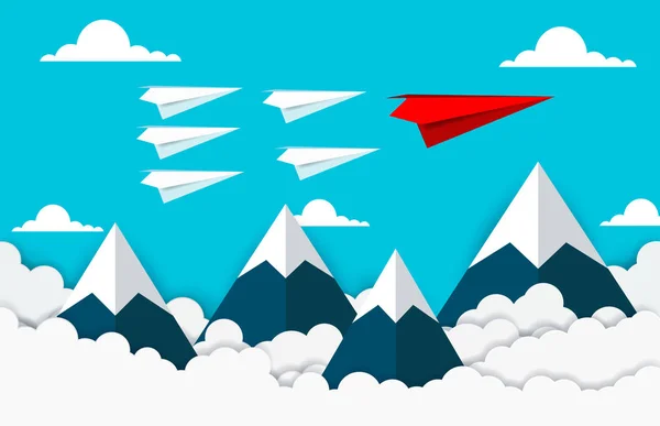 Avión de papel son competencia ir a destino hasta el cielo entre la nube y la montaña — Vector de stock