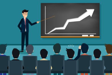 eğitim tema işadamı simgesi. kişi kara tahta üzerinde iş finansmanı büyüyen bir sunum veren