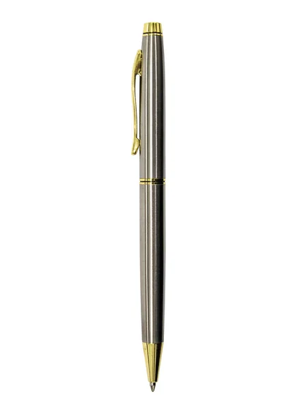Penna a sfera oro-argento su sfondo bianco verticale. Moderno w — Foto Stock