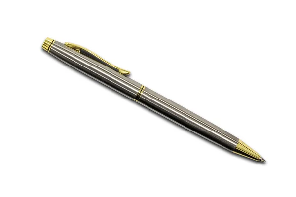 Gold-silver ballpoint pen on white background. Modern with a bus — Stock Photo, Image