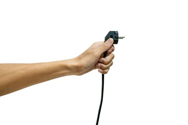Hand vasthouden elektrische stekker geïsoleerd van een witte achtergrond. Con — Stockfoto