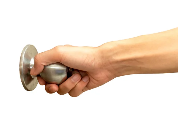 Homme Gary main atteignant le bouton de porte isolé d'un backgr blanc — Photo