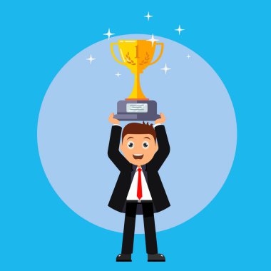 İşadamı Holding Winner Cup Trophy arka plan rengi mavi. İş Kavramı Karikatür İllüstrasyon.