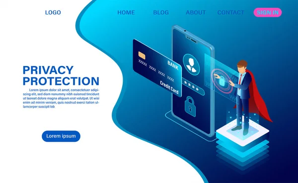 Banner protect data and confidentiality on mobile. privacy protection and security are confidential — ストックベクタ