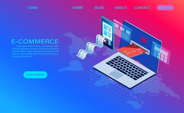 E-commerce shopping online con computer e dispositivi mobili — Vettoriale Stock
